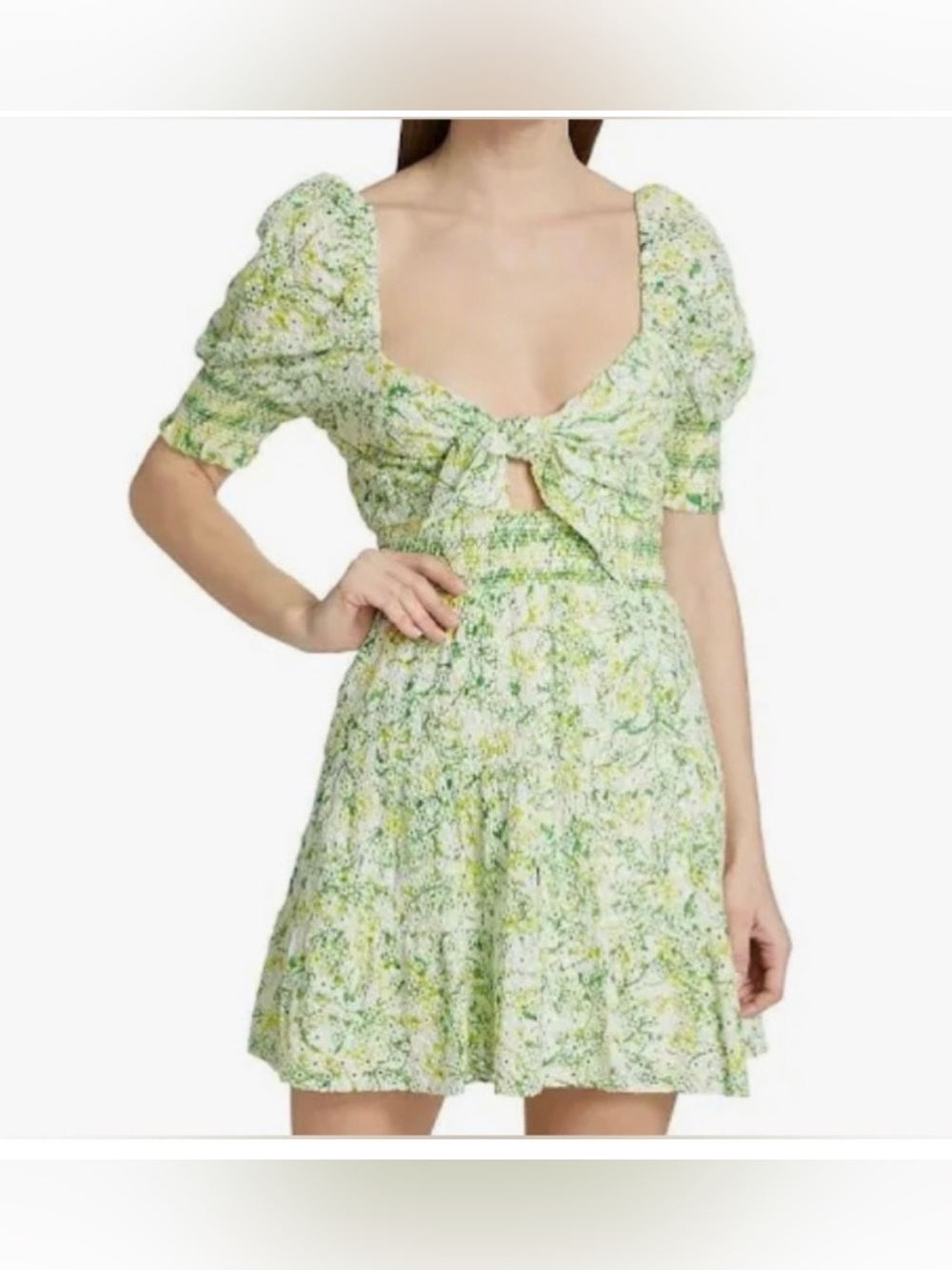 ALICE + OLIVIA Kristie Eyelet Floral Puffed-Sleeve Mini A-Line Dress. Size 6